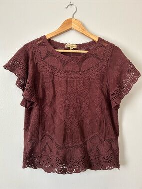Democracy Embroidered Crochet Lace Boho Blouse Plum M